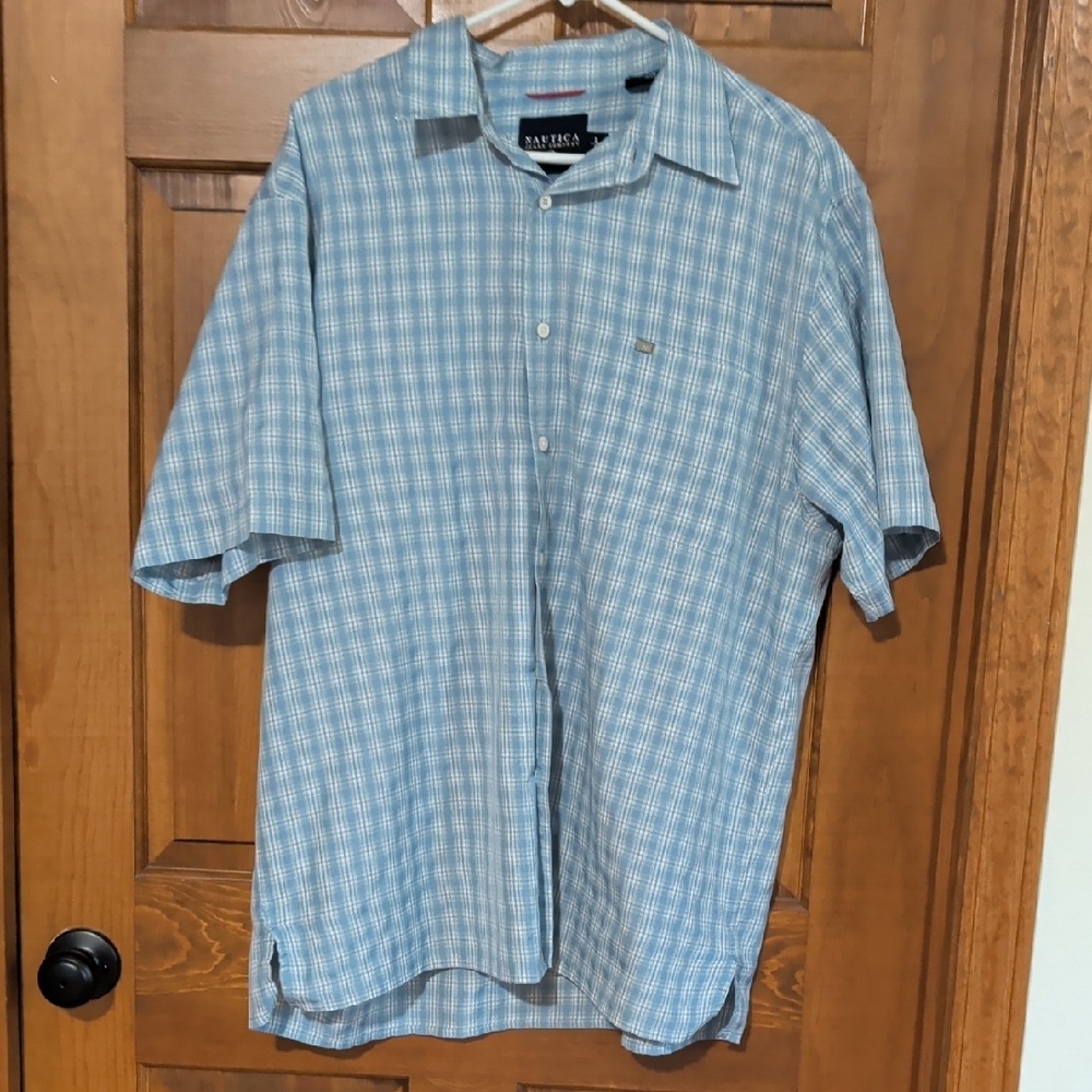 Nautica Light Blue and White Plaid Short-Sleeve Button-Down Shirt